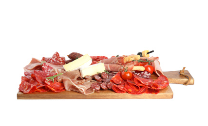 Photo of Wooden board with tasty ham and other delicacies isolated on white