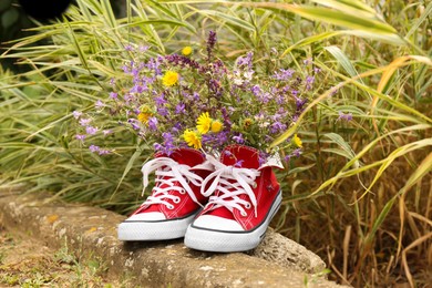 Red shoes with beautiful wild flowers in park