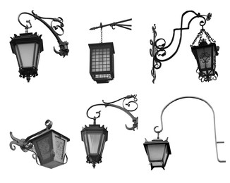 Beautiful street lamps in retro style on white background, collage