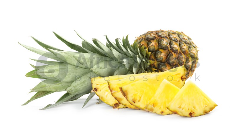 Photo of Whole and cut juicy pineapples isolated on white
