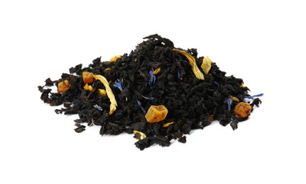 Pile of dried herbal tea leaves on white background