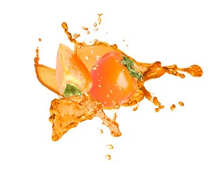 Splashing tasty sweet persimmon juice and fruits on white background