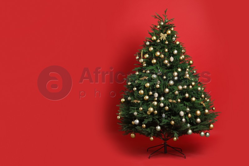 Beautifully decorated Christmas tree on red background, space for text