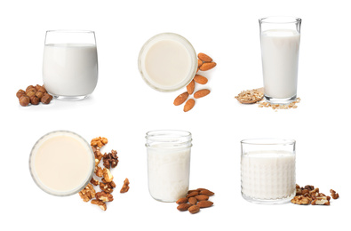 Set with different types of organic milk on white background. Natural drinks
