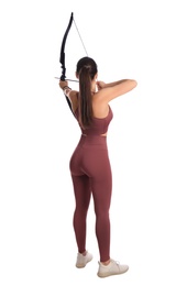 Woman with bow and arrow practicing archery on white background, back view