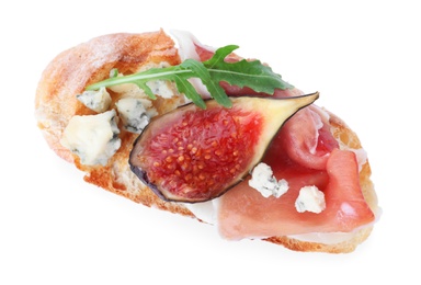 Sandwich with ripe figs and prosciutto on white background, top view