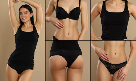 Collage of young woman in black underwear on beige background
