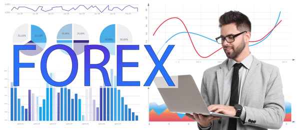 Businessman with laptop and charts on background, banner design. Forex trading