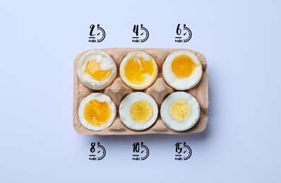 Image of Boiled chicken eggs of different readiness stages in carton on light background, top view