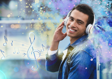 Young African-American man listening to music with headphones outdoors. Bright notes illustration