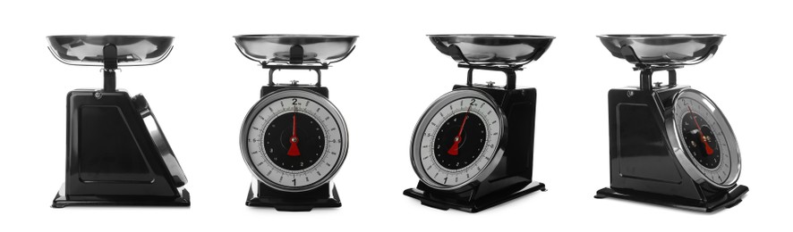 Set with retro mechanical kitchen scales on white background. Banner design