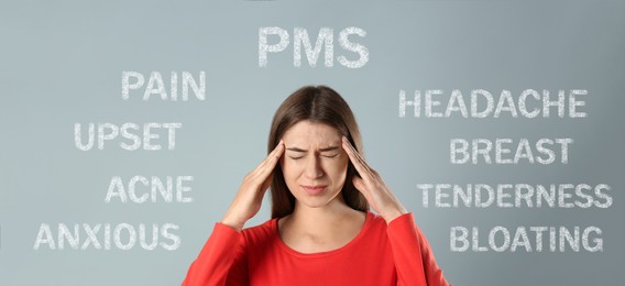 Hormones imbalance. Stressed young woman and different words on grey background, banner design