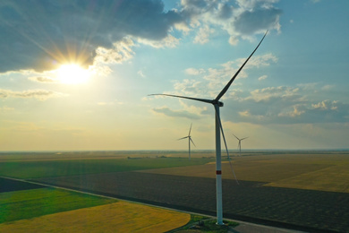 Aerial view on modern wind turbines. Alternative energy source