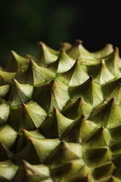 Closeup view of ripe durian on blurred background