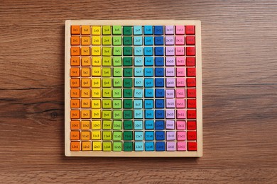 Photo of Colorful math game kit with arithmetical tasks on wooden table, top view