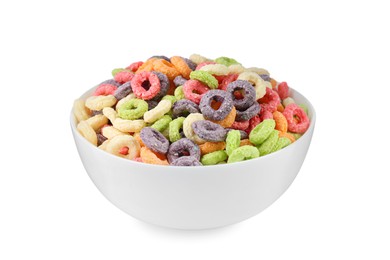 Bowl of colorful crispy corn rings on white background. Breakfast cereal