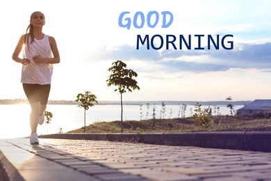 Good Morning! Young woman jogging near river in morning