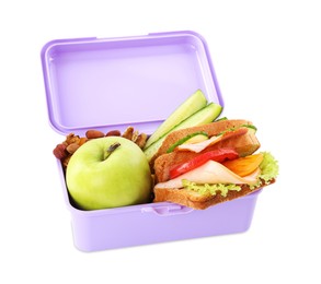 Lunch box of tasty healthy food isolated on white. School dinner