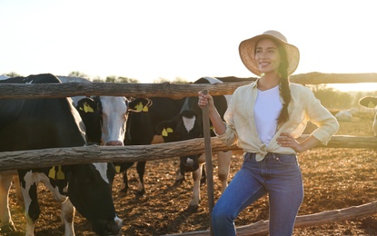 Photo of Young woman with shovel standing near cow pen on farm. Animal husbandry