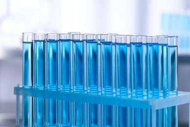 Test tubes with reagents in rack on blurred background, closeup. Laboratory analysis