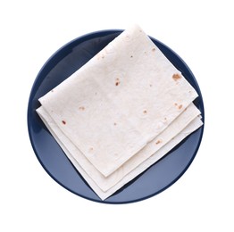 Photo of Plate with delicious Armenian lavash on white background, top view