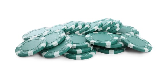 Pile of casino poker chips on white background