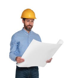 Photo of Professional engineer in hard hat with draft isolated on white