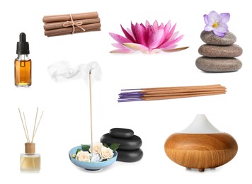 Incense sticks and other items for aromatherapy on white background, collage 