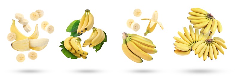 Image of Collage with falling banana fruits and leaves on white background