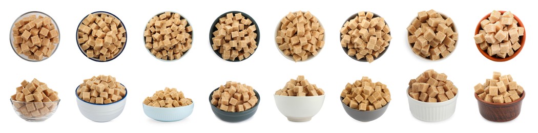 Set with cubes of brown sugar on white background. Banner design