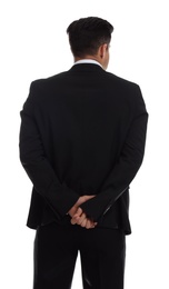 Photo of Businessman in formal suit on white background, back view