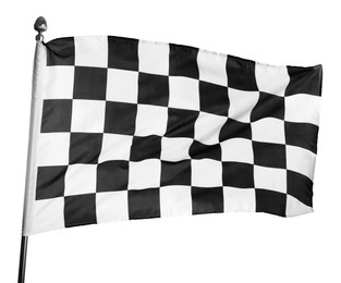 Photo of Checkered finish flag on white background. Auto racing symbol