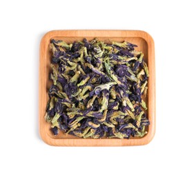 Photo of Organic blue Anchan on white background, top view. Herbal tea