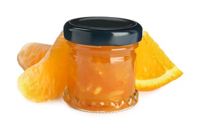 Jar of sweet citrus jam on white background