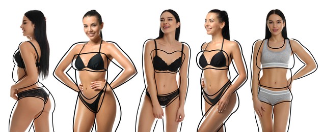 Collage with photos of slim young women wearing beautiful underwear on white background, banner design. Illustrations of lines around ladies before weight loss
