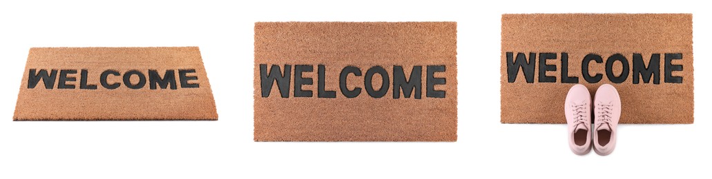 Door mats with word WELCOME and shoes on white background. Banner design