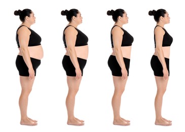 Collage with photos of woman before and after weight loss diet on white background