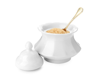 Ceramic bowl with brown sugar and spoon isolated on white
