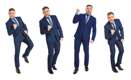 Collage with photos of happy man celebrating victory on white background. Banner design