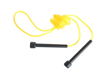 Yellow skipping rope with black handles isolated on white, top view