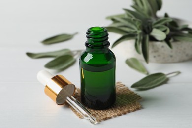 Bottle of essential sage oil, dropper and leaves on white table