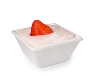Bowl of delicious yogurt with strawberry isolated on white