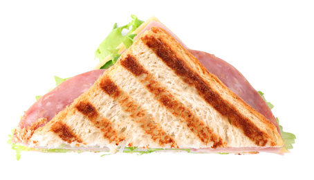 Tasty sandwich with ham on white background, top view