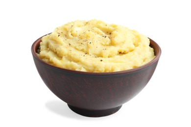 Bowl of tasty mashed potatoes with black pepper isolated on white