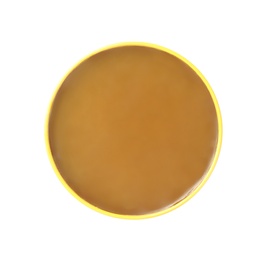 Can of shoe polish on white background, top view. Footwear care item