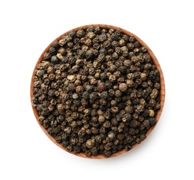 Photo of Bowl of spicy black pepper grains isolated on white, top view