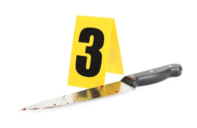 Bloody knife and crime scene marker with number three isolated on white
