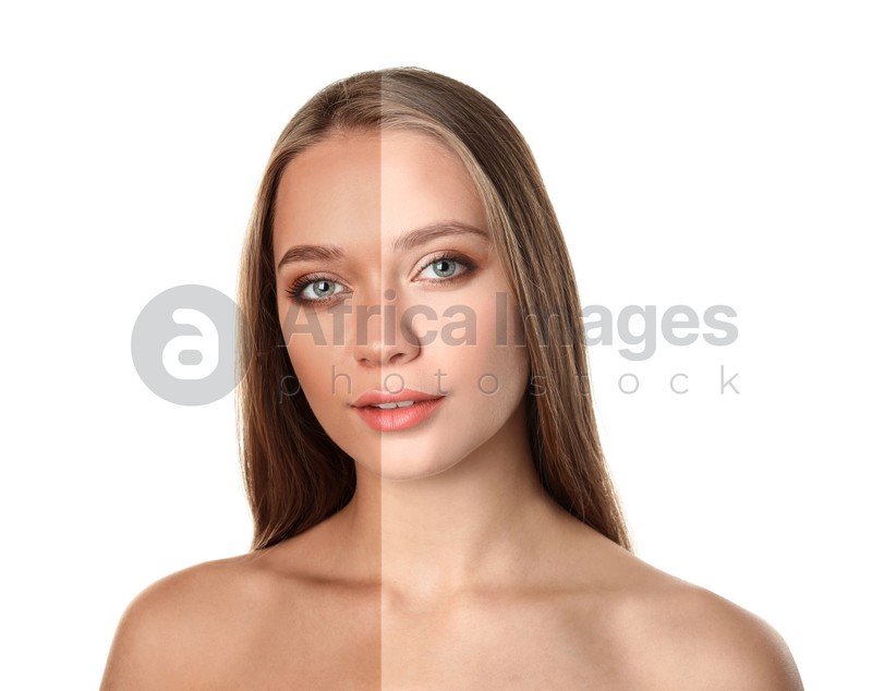 Collage with photos of beautiful young woman before and after indoor tanning on white background