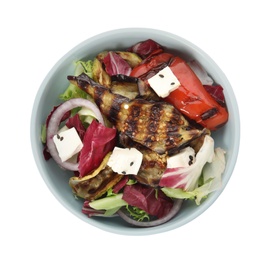 Photo of Delicious salad with roasted eggplant, feta cheese and chia seeds isolated on white, top view