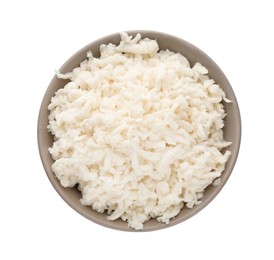 Bowl with delicious mozzarella cheese on white background, top view